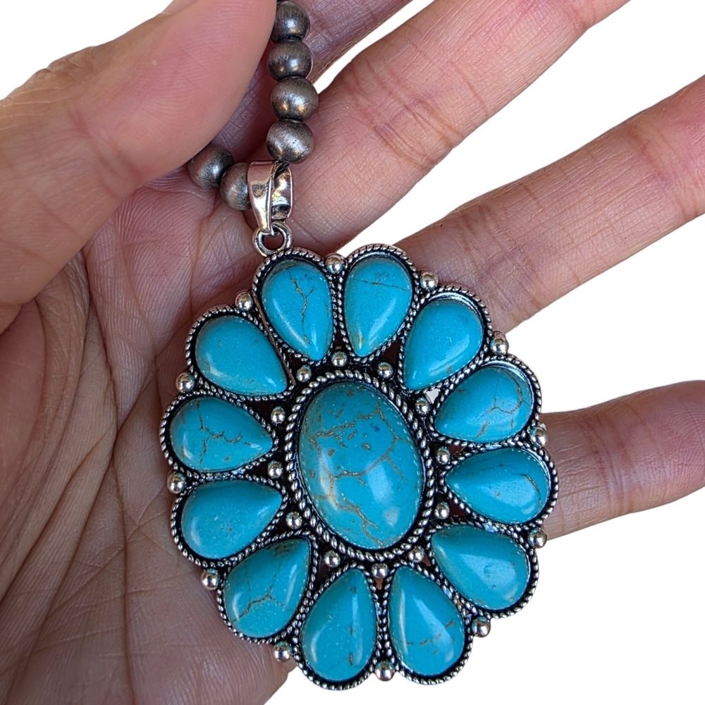 Western Concho Turquoise Boho Pendant Necklace Handmade Double Strand - Picture 3 of 5